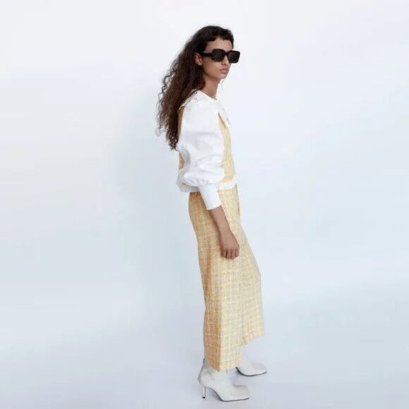 NWT Zara yellow tan & white tweed cropped wide leg culottes, L - Picture 2 of 10